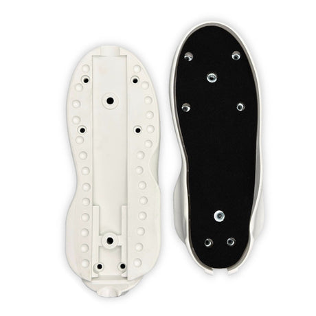 A front and back view of white aggressive inline skate soulframes side by side featured on a white background.