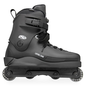 A black inline skate boot with a matching black wheeled base and clear wheels, shown from a side profile view on a white background. The brand logo 'PCK' is visible on the side of the boot, along with the text 'LEVEL ONE'.