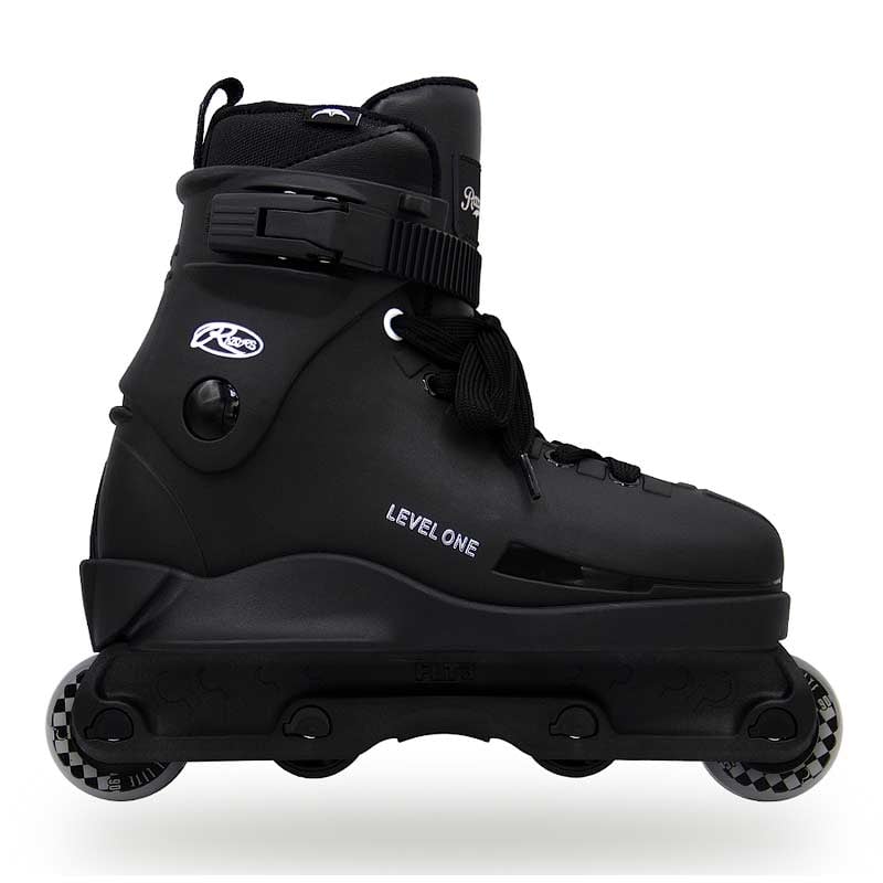 Black roller skate with visible branding on a white background