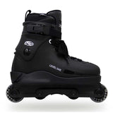 Black roller skate with visible branding on a white background