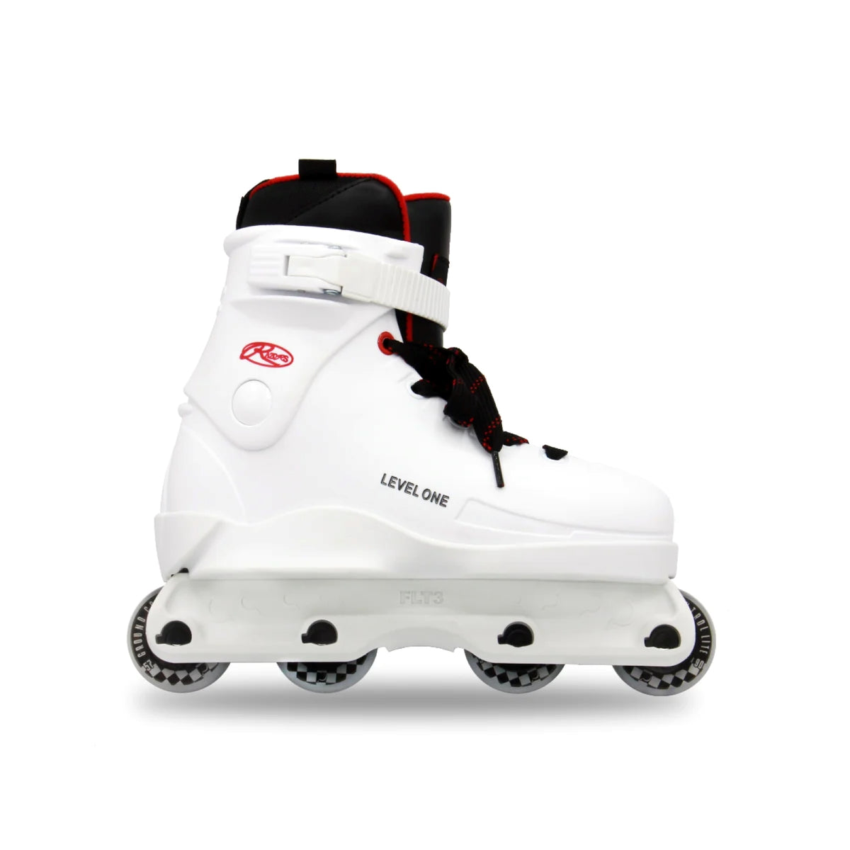 A white aggressive inline skate with a black and red liner, laces and gray wheels with the text "level one" in black written on the side. The skate is featured against a white background. 
