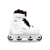 A white aggressive inline skate with a black and red liner, laces and gray wheels with the text "level one" in black written on the side. The skate is featured against a white background. 