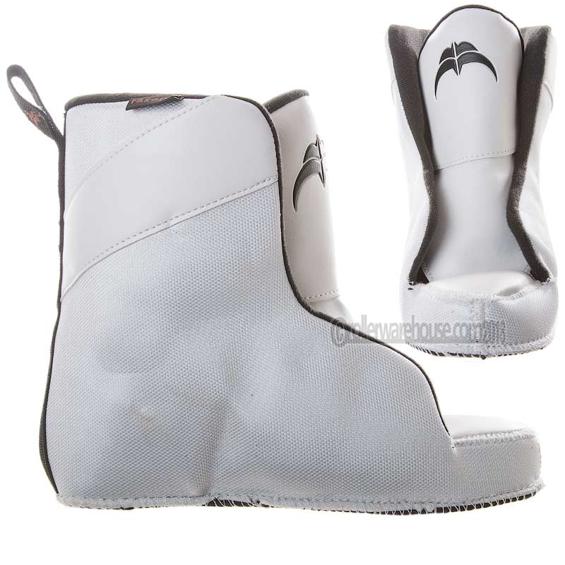 A white aggressive inline skate liner with black accents viewed from both the side and the front featured on a white background.