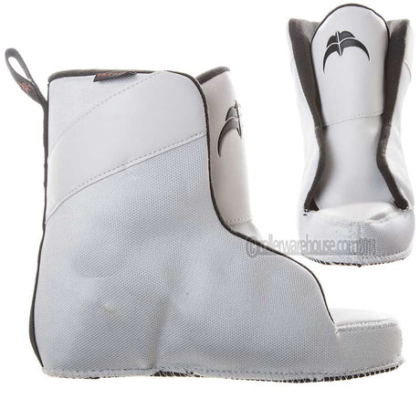 A white aggressive inline skate liner with black accents viewed from both the side and the front featured on a white background.