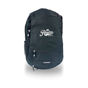 A black canvas backpack with white 'Razors Skate Co' branding on the front, shown against a plain white background.
