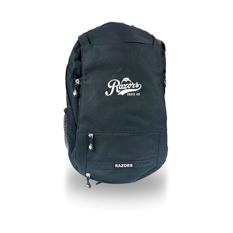 A black canvas backpack with white 'Razors Skate Co' branding on the front, shown against a plain white background.