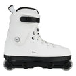 A white inline skate with a black base, black buckle strap, and white wheels, shown from a side profile on a white background.