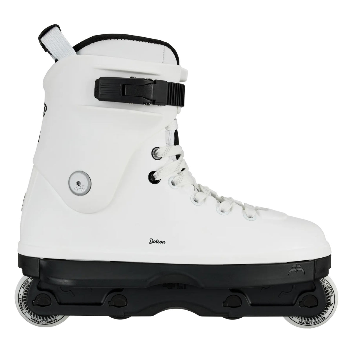 A white inline skate with a black base, black buckle strap, and white wheels, shown from a side profile on a white background.