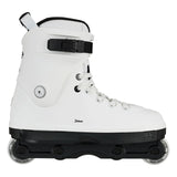 A white inline skate with a black base, black buckle strap, and white wheels, shown from a side profile on a white background.