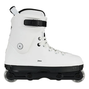 A white inline skate with a black base, black buckle strap, and white wheels, shown from a side profile on a white background.
