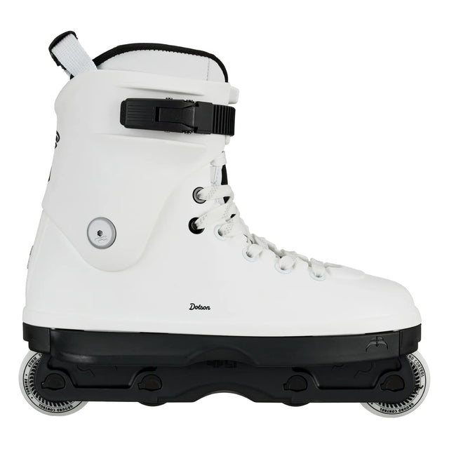 A white inline skate with a black base, black buckle strap, and white wheels, shown from a side profile on a white background.