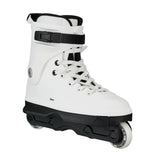A white inline skate with black accents, including a black ankle strap, black base, and black collar lining, shown on a plain white background.