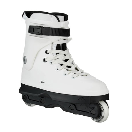 A white inline skate with black accents, including a black ankle strap, black base, and black collar lining, shown on a plain white background.
