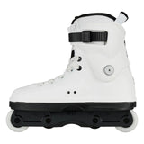 A white inline skate with a black buckle strap and a black chassis holding white wheels, shown from a side profile on a white background.