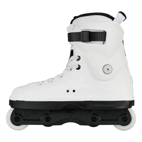 A white inline skate with a black buckle strap and a black chassis holding white wheels, shown from a side profile on a white background.