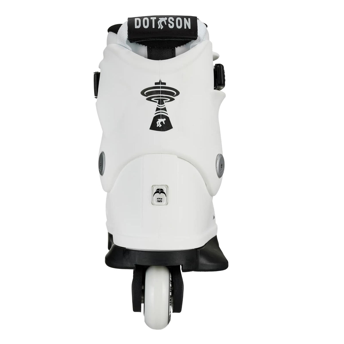 A white Dotson inline skate boot with black accents, including the brand name on the tongue strap and a black logo on the back, shown against a plain white background.