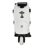 A white Dotson inline skate boot with black accents, including the brand name on the tongue strap and a black logo on the back, shown against a plain white background.