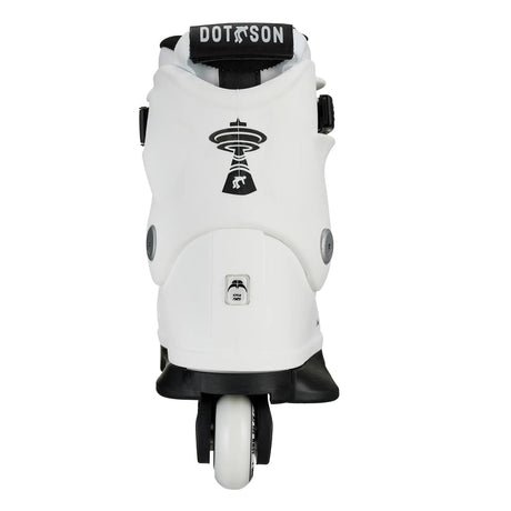 A white Dotson inline skate boot with black accents, including the brand name on the tongue strap and a black logo on the back, shown against a plain white background.