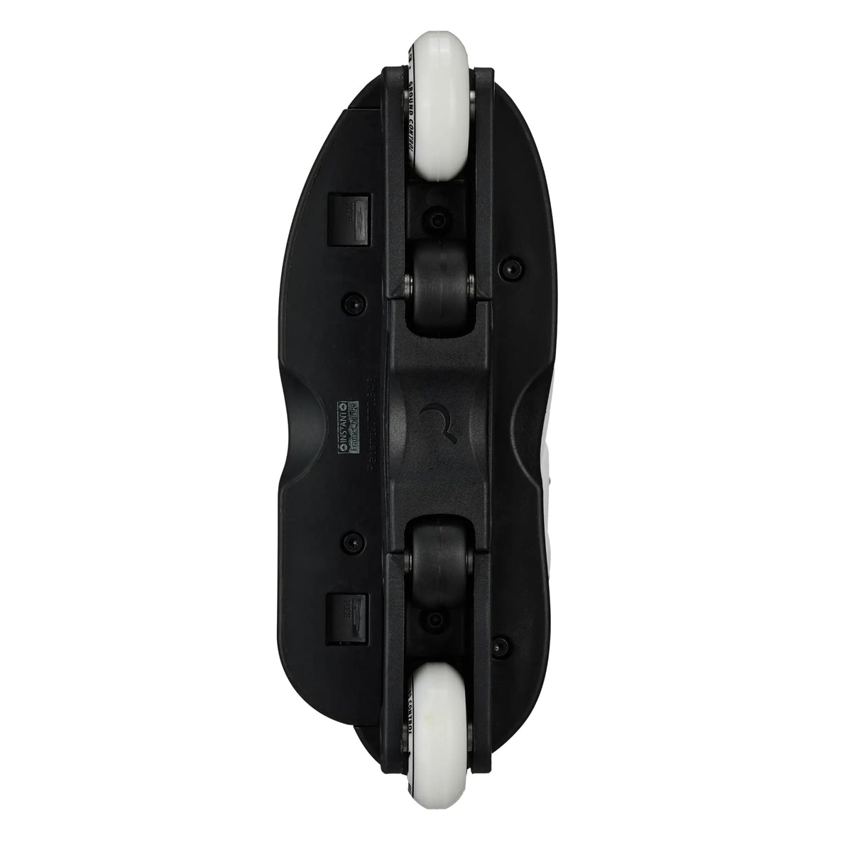 The underside of a black inline skate or rollerblade base with two white wheels and dark roller assemblies, shown against a plain white background.