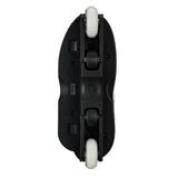 The underside of a black inline skate or rollerblade base with two white wheels and dark roller assemblies, shown against a plain white background.