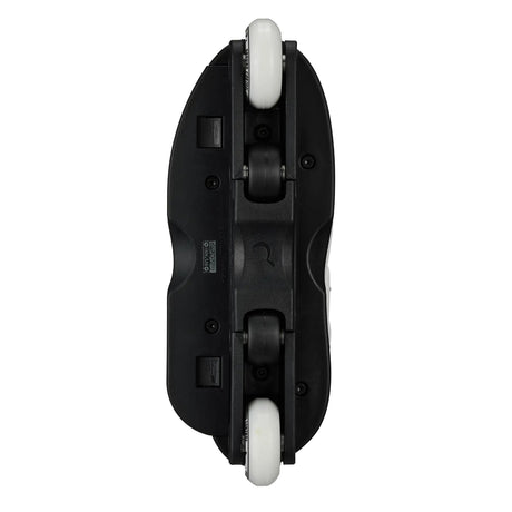 The underside of a black inline skate or rollerblade base with two white wheels and dark roller assemblies, shown against a plain white background.