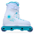 A white inline skate boot with turquoise accents, featuring a buckle strap, lace-up front, and four wheels on a clean white background.