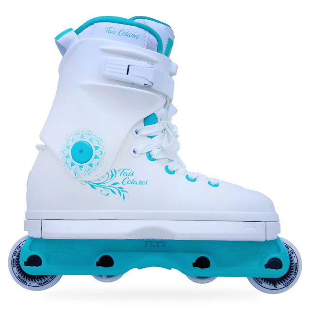 A white inline skate boot with turquoise accents, featuring a buckle strap, lace-up front, and four wheels on a clean white background.