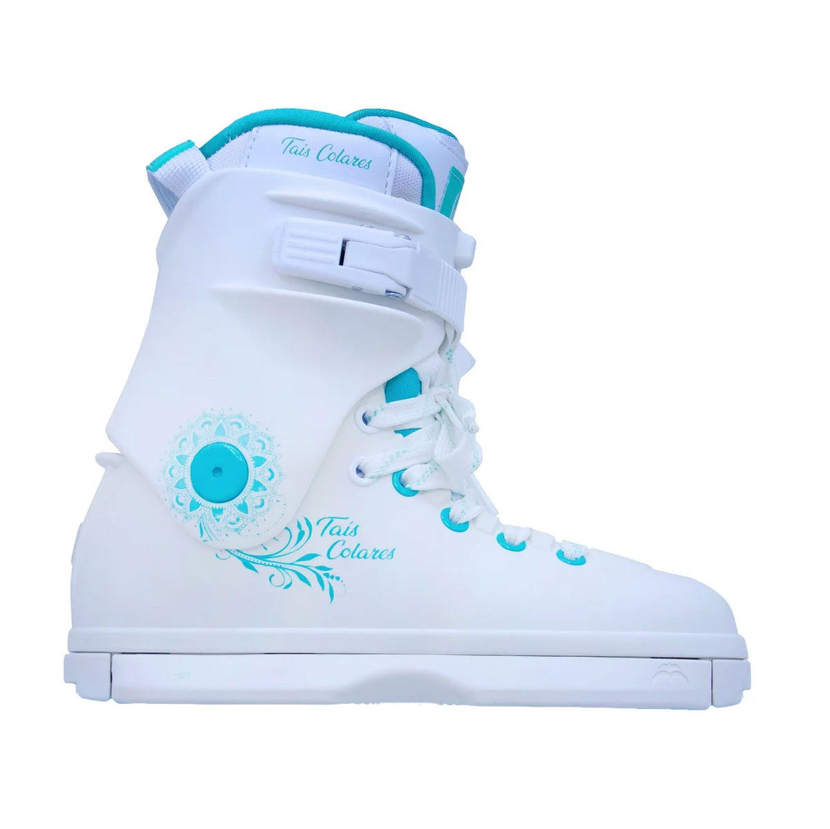 A white high-top snowboard boot with turquoise blue accents, including the brand name 'Taus Celestes' printed on the side, a decorative floral emblem, and turquoise eyelets and laces, shown against a plain white background.