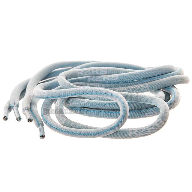 A coiled bundle of light blue laces with visible white 'RZRS' branding printed repeatedly along the surface, photographed on a plain white background.