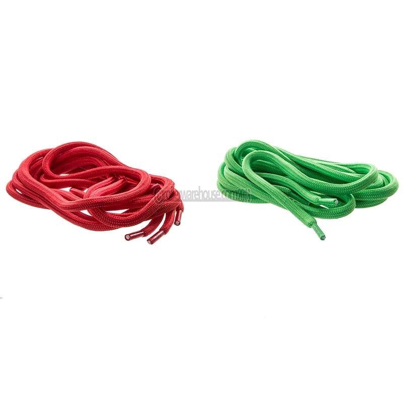 Two coiled pairs of thick braided shoelaces, one red and one green, displayed side-by-side on a plain white background.