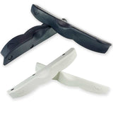 Two pairs of curvy form plastic pieces for inline skates with bolts attached to them. One pair is white and one is black and they are featured against a white background.