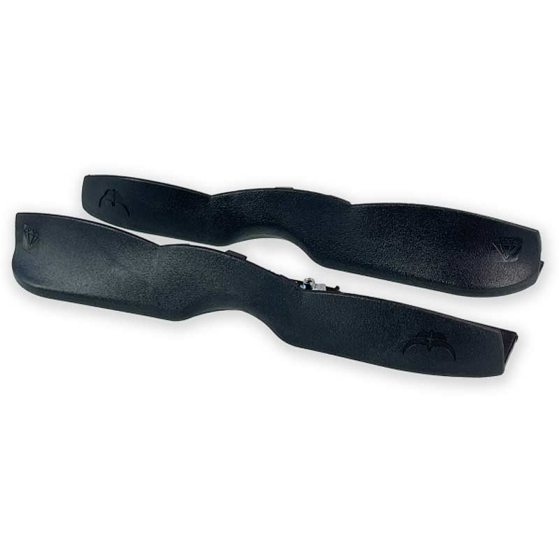 Two black textured plastic pieces with molded ergonomic shapes and embossed logo marks, shown on a plain white background.