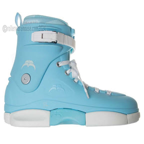 Light blue rollerblade boot with white accents on a white background