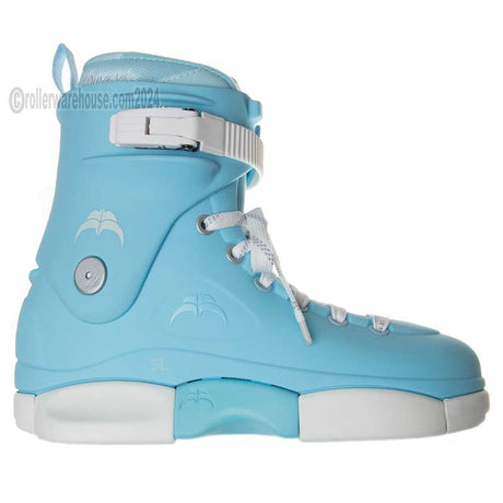 Light blue rollerblade boot with white accents on a white background