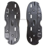 2 plastic black aggressive inline skate sole plate parts featured on a black background