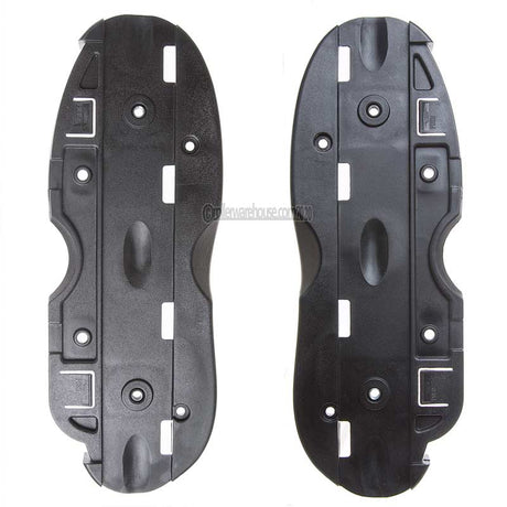 2 plastic black aggressive inline skate sole plate parts featured on a black background