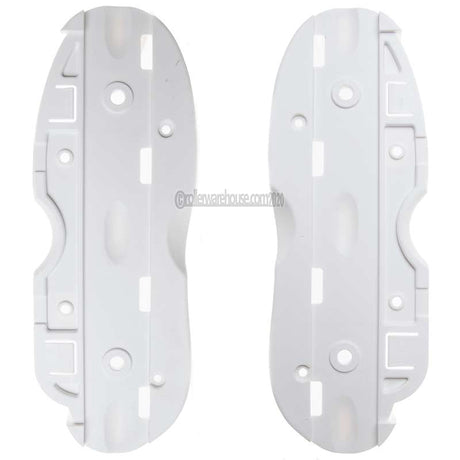 2 plastic white aggressive inline skate sole plate parts featured on a white background