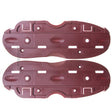 A pair of dark reddish-brown plastic replacement parts with molded slots, holes, and textured surfaces, shown against a plain white background.