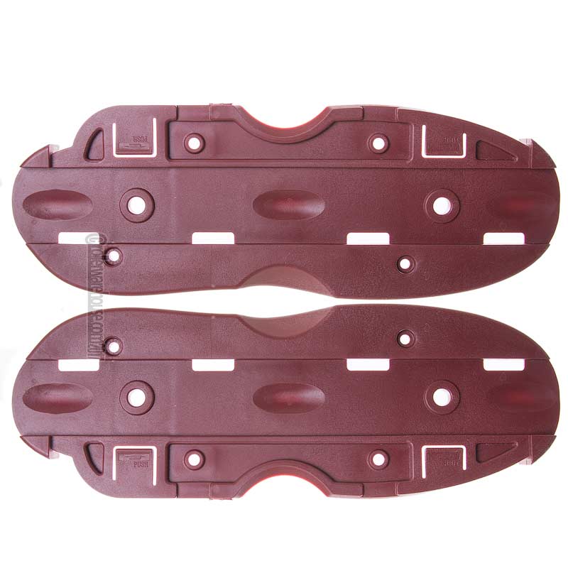 A pair of dark reddish-brown plastic replacement parts with molded slots, holes, and textured surfaces, shown against a plain white background.