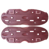 A pair of dark reddish-brown plastic replacement parts with molded slots, holes, and textured surfaces, shown against a plain white background.