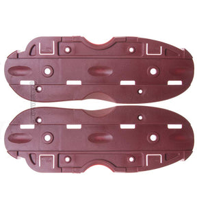 A pair of dark reddish-brown plastic replacement parts with molded slots, holes, and textured surfaces, shown against a plain white background.