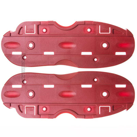 A pair of red molded plastic replacement parts, likely aggressive inline skate soles, shown flat against a white background.
