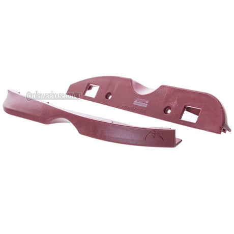 2 plastic aggressive inline skate parts with custom molding, screws and cutouts on a white background