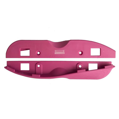 2 plastic aggressive inline skate parts with custom molding, screws and cutouts on a white background