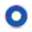 Close up shot of a single white urethane aggressive inline skate wheel with a solid blue printed graphic and red text that reads "RED EYE WHEEL CO. 55MM 92A" and red logo. The core of the wheel is green and the background is white.