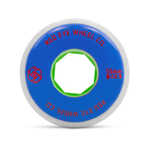 Close up shot of a single white urethane aggressive inline skate wheel with a solid blue printed graphic and red text that reads "RED EYE WHEEL CO. 55MM 92A" and red logo. The core of the wheel is green and the background is white.