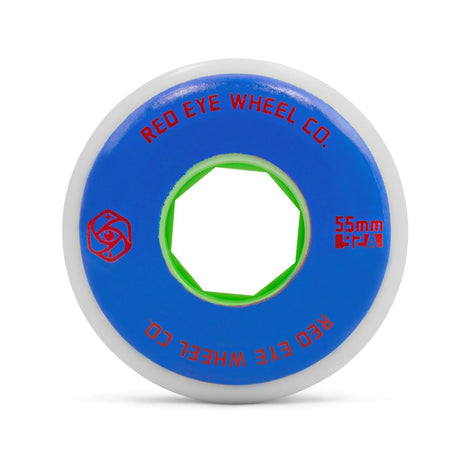 Close up shot of a single white urethane aggressive inline skate wheel with a solid blue printed graphic and red text that reads "RED EYE WHEEL CO. 55MM 92A" and red logo. The core of the wheel is green and the background is white.