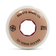 Close up shot of a white urethane aggressive inline skate wheel with a solid tan graphic and black text that reads "RED EYE WHEEL CO. 59MM 90A". Also in black is the logo of the company and the core of the wheel is red. The wheel is featured with a white background.