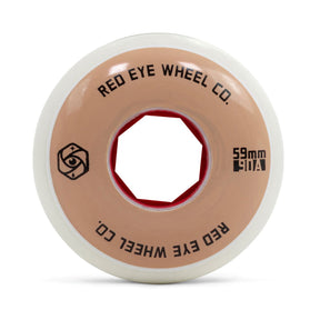 Close up shot of a white urethane aggressive inline skate wheel with a solid tan graphic and black text that reads "RED EYE WHEEL CO. 59MM 90A". Also in black is the logo of the company and the core of the wheel is red. The wheel is featured with a white background.