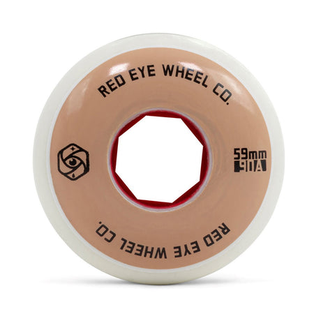 Close up shot of a white urethane aggressive inline skate wheel with a solid tan graphic and black text that reads "RED EYE WHEEL CO. 59MM 90A". Also in black is the logo of the company and the core of the wheel is red. The wheel is featured with a white background.